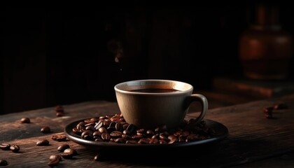 Cup of coffee and coffee beans on old wooden table and black grunge background. Generative AI