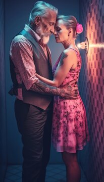 in love, an adult couple of happy people, a man and a girl are hugging in the shower. Beautiful tattooed lover with lover. Generative AI.