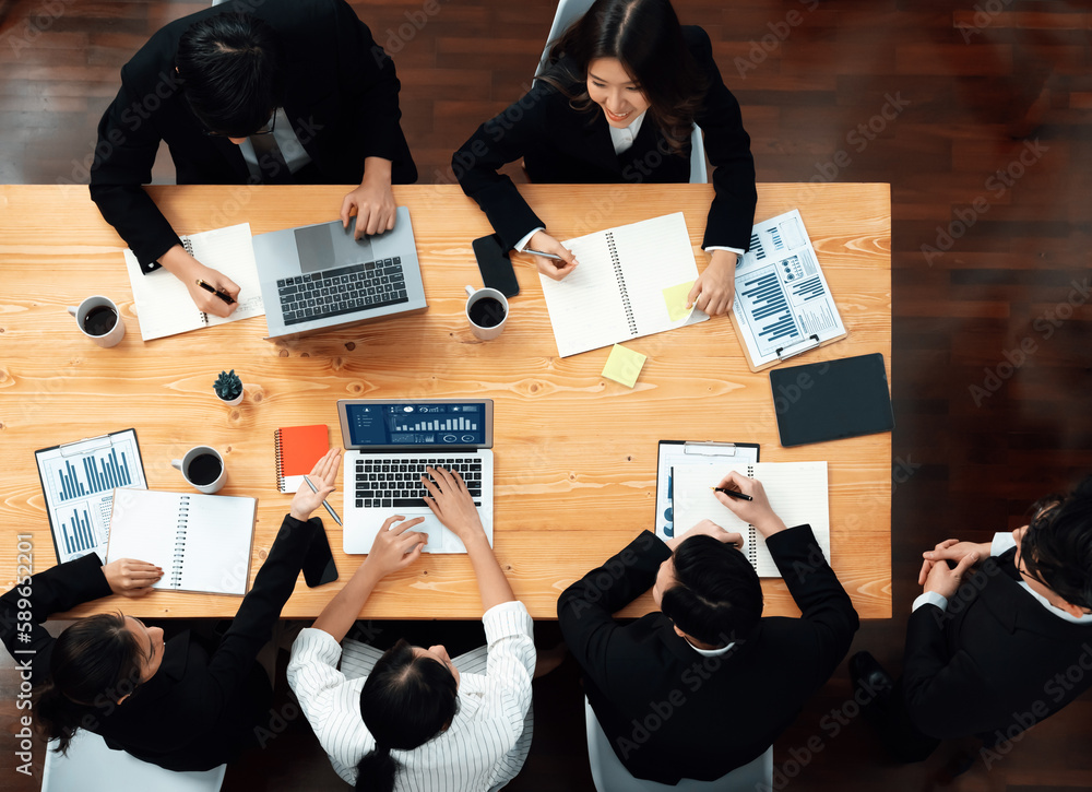 Poster top view manager or office worker give presentation in harmony conference room to business colleague