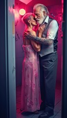 Fototapeta na wymiar in love, an adult couple of happy people, a man and a girl are hugging in the shower. Beautiful tattooed lover with lover. Generative AI.