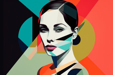 Bauhaus-inspired portrait of a woman with a retro-futuristic twist, combining clean lines, bold colors, and surreal elements, generative ai