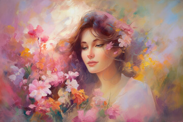 Blushing Beauty woman surrounded by blooming flowers in an impressionistic painting with soft brushstrokes and pastel colors, generative ai