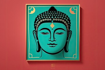 A flat illustration of the face of Buddha, with a serene expression, adorned with the Sanskrit Om Mani Padme made with Generative AI technology