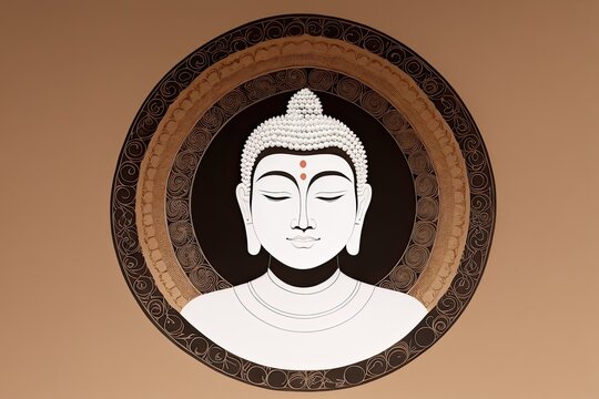 A flat illustration of the face of Buddha, with a serene expression, adorned with the Sanskrit Om Mani Padme made with Generative AI technology