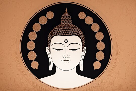 A flat illustration of the face of Buddha, with a serene expression, adorned with the Sanskrit Om Mani Padme made with Generative AI technology