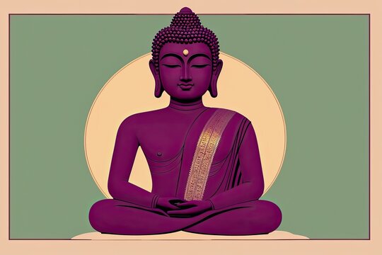 A flat illustration of the face of Buddha, with a serene expression, adorned with the Sanskrit Om Mani Padme made with Generative AI technology