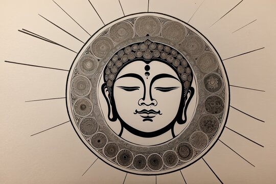 A flat illustration of the face of Buddha, with a serene expression, adorned with the Sanskrit Om Mani Padme made with Generative AI technology