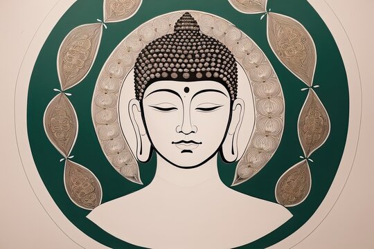 A flat illustration of the face of Buddha, with a serene expression, adorned with the Sanskrit Om Mani Padme made with Generative AI technology