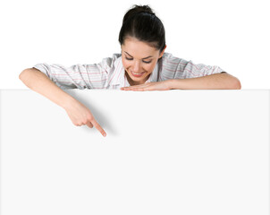 Close-up of a young woman leaning on billboard