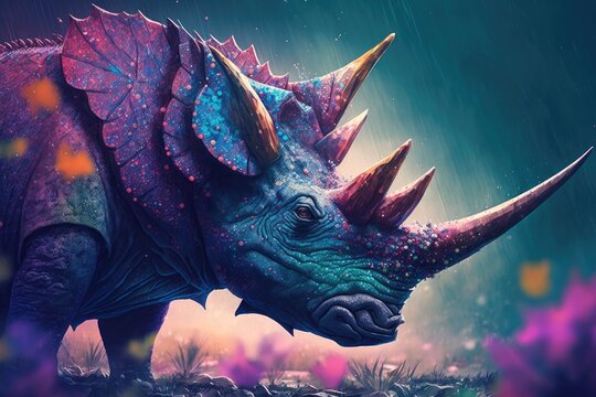 Zuniceratops Colorful Dangerous Dinosaur in Lush Prehistoric Nature by Generative AI