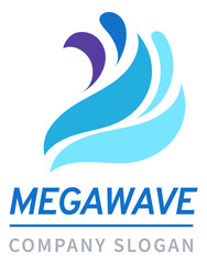 Megawave logo. Blue water wave with company slogan template