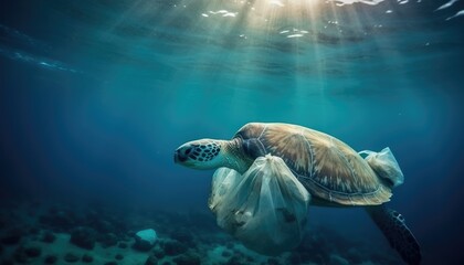 Obraz premium Under the ocean, a photo with garbage, caretta caretta and fish. Environmental pollution concept. Generative AI