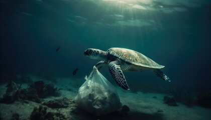 Under the ocean, a photo with garbage, caretta caretta and fish.  Environmental pollution concept. Generative AI