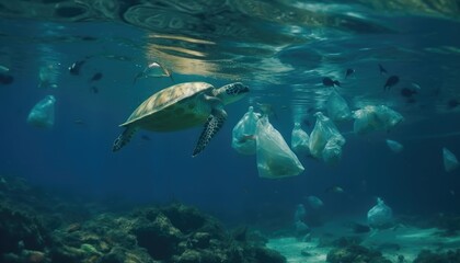 Naklejka na ściany i meble Under the ocean, a photo with garbage, caretta caretta and fish. Environmental pollution concept. Generative AI