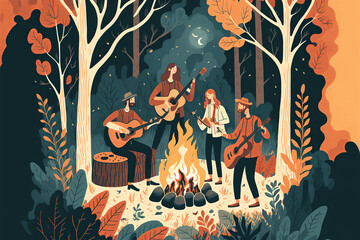 Illustration of music and family warmth around a campfire with a warm, earthy color palette. Impressionist with emphasis on atmosphere and emotion. Generative AI