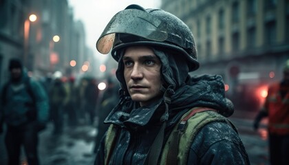 Firefighter standing in a dangerous city. Generative AI