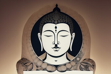 A flat illustration of the face of Buddha, with a serene expression, adorned with the Sanskrit Om Mani Padme made with Generative AI technology
