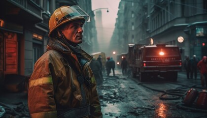 Firefighter standing in a dangerous city. Generative AI