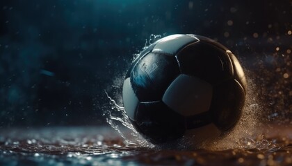 Fototapeta premium Soccer ball standing in middle of soccer field in rainy weather under evening spotlights. Generative AI