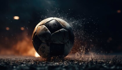 Fototapeta premium Soccer ball standing in middle of soccer field in rainy weather under evening spotlights. Generative AI