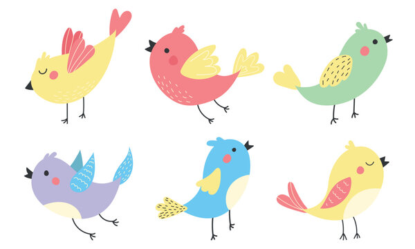 Set of bright colorful birds with spring flowers. Illustrations for templates of postcards, banners and posters.
Spring cute birds with red cheeks. Birds isolated on white background