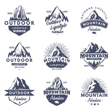 Black Forest and Mountain Logo for Outdoor Adventure and Hiking Tourism Vector Set