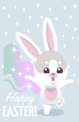 Happy Easter banner. Happy cartoon rabbit celebrating miracle
