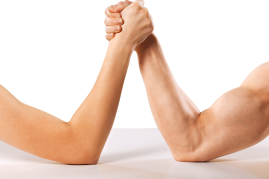 A man and woman with hands clasped arm wrestling Isolated
