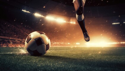 Naklejka premium Foot of football player hitting soccer ball fast in stadium. Generative AI