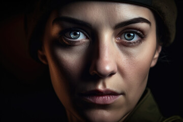 Fototapeta premium Close-up of a Woman in Military Uniform with an Intense Stare and Dramatic Lighting, generative ai