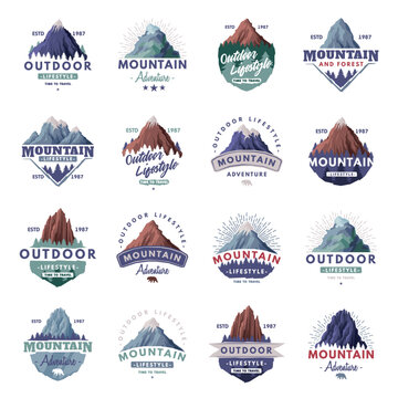 Forest and Mountain Logo for Outdoor Adventure and Hiking Tourism Vector Set