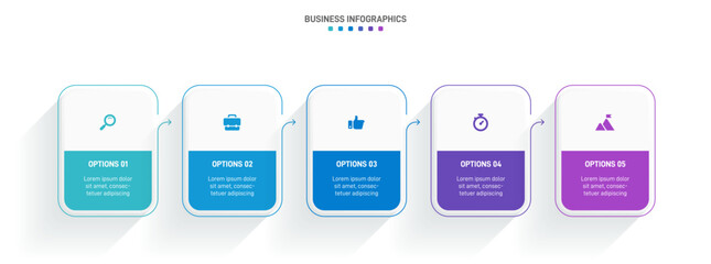 Timeline infographic with infochart. Modern presentation template with 5 spets for business process. Website template on white background for concept modern design. Horizontal layout.