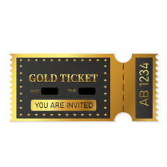 Gold ticket. Useful for any festival, party, cinema, event, entertainment show. Vector illustration