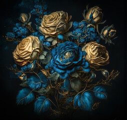 Illustration of a graceful bouquet of flowers in blue and gold color