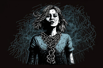 Illustration of a chained female victim symbolizing the physical and emotional captivity of victims of psychological and physical abuse of women. Generative AI