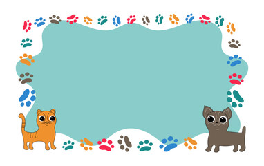  Frame cartoon dog, cat; footprints, paw prints of the animal. Ornaments, icons with pets. Vector background for print design . Card with space for text. Pet products. Pet notice banner concept vector