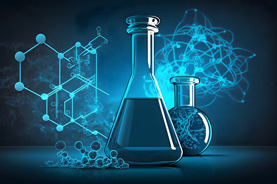 beaker and flask in science laboratory with chemical structure blue banner background made with Generative AI