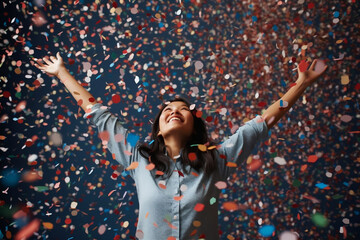 excited happy asian woman in red white and blue confetti rain celebrating - Generative AI