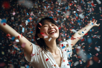 excited happy asian woman in red white and blue confetti rain celebrating - Generative AI