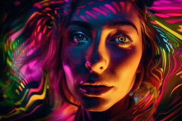Fototapeta premium Colorful neon portrait of a woman with striking green eyes, surrounded by swirling patterns of pink and yellow, generative ai