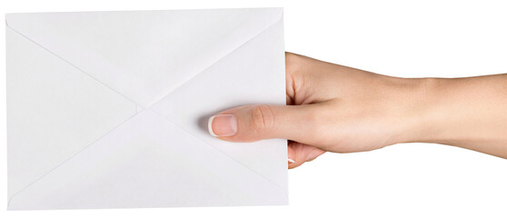 Blank card and envelope in hand on background