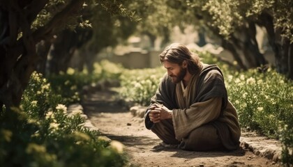 Naklejka na ściany i meble Photograph of Jesus praying in the garden of Gethsemane. Generative AI