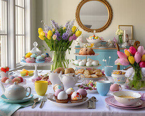 Fototapeta na wymiar Celebrating Easter with Style, Beautifully Set Table Featuring Easter Cookies and Decorative Eggs, Capturing the Essence of Festive Gatherings and Joyful Moments