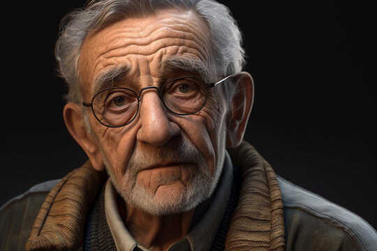 Closeup Low Key Studio Portrait Of Beautiful Gray Hair Old Man Looking At The Camera,  Created Using Generative AI Tools.