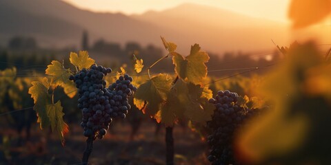 Vineyards at sunset with beautiful light. Generative AI - obrazy, fototapety, plakaty