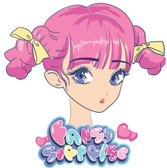 girl with pink hair, Anime Girl illustration with slogan. Vector graphic design for t-shirt. Cute girl drawing