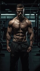 Fototapeta na wymiar Muscular bodybuilder male athlete demonstrates her body in the gym. Generative AI