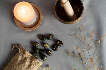 Set of rune stones for divination and fortune telling. Mystic still life with labradorite runes....