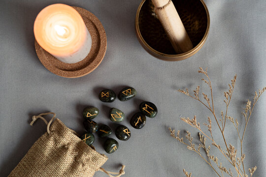 Set of rune stones for divination and fortune telling. Mystic still life with labradorite runes. Esoteric, occult , witchcraft rituals idea
