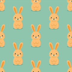 Vector Seamless Pattern with Easter Cute and Funny Cartoon Rabbit. Easter Holiday Design with Brown Flat Hare, Bunny on Green Background. Vector Illustration